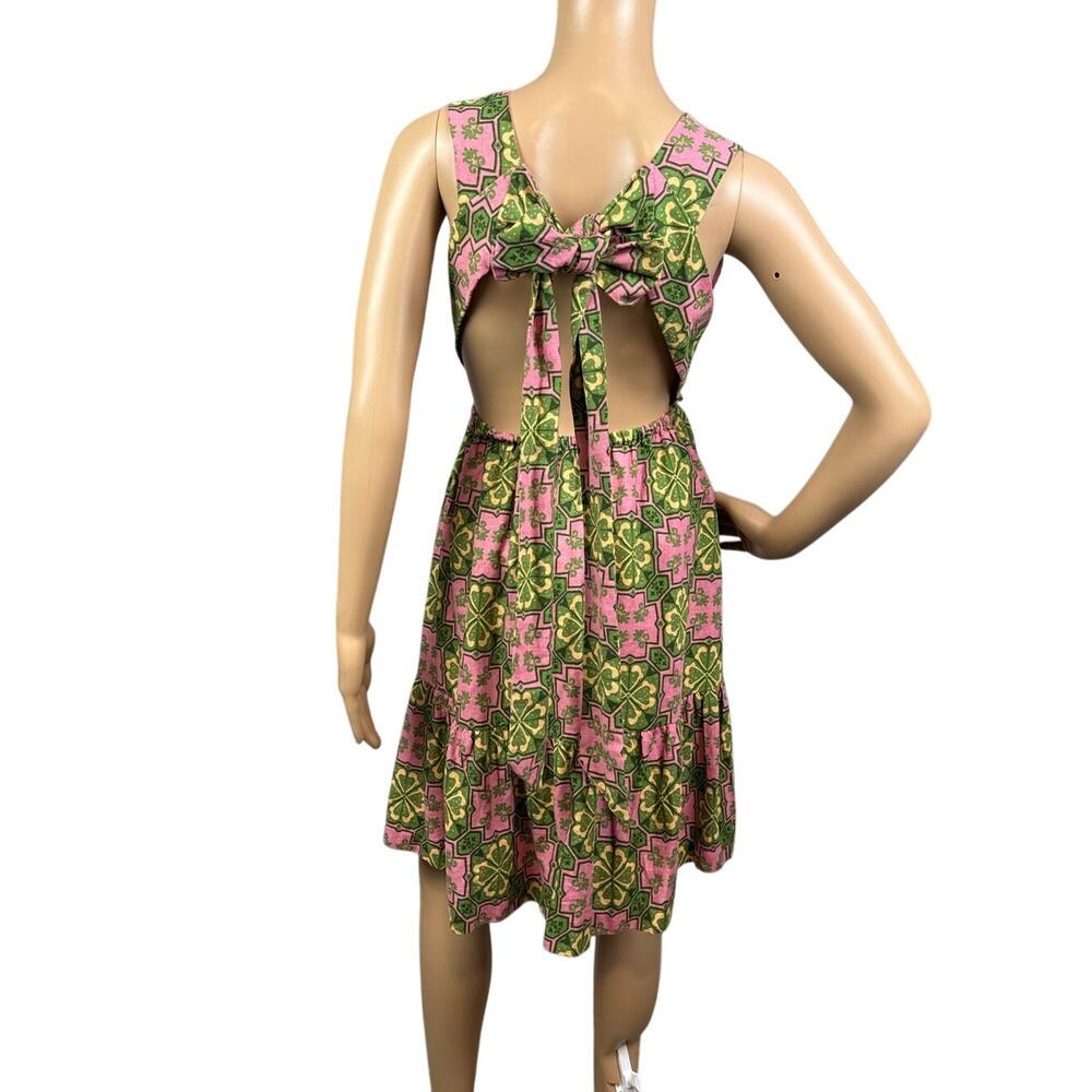 House Of Harlow Linen Blend Sun Dress Open Back Retro Print Size S Resort Vacay - Picture 4 of 8